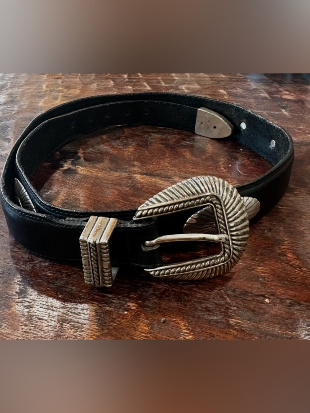 Vtg. Onyx Bright men's black leather concho belt size 34